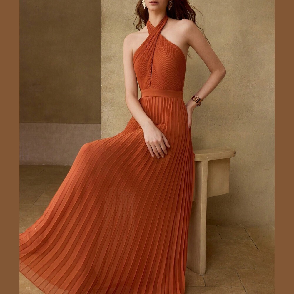 Rust Orange Pleated Sheer Chiffon Crisscross Halter Neck Maxi Dress